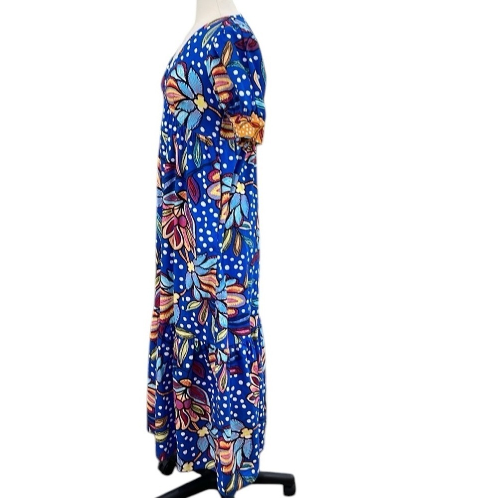 Tabitha Brown Vibrant Tropical  Floral V Neck Puff Sleeve Midi Dress SZ 4 Blue - Picture 4 of 7